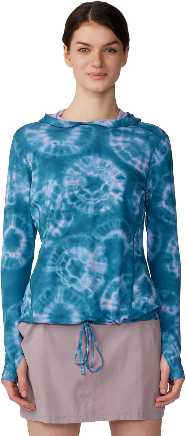 imageMountain Hardwear Womens Crater Lake Long Sleeve Hoody for Hiking Camping Backpacking and Casual WearBaltic Blue Spore Dye Print