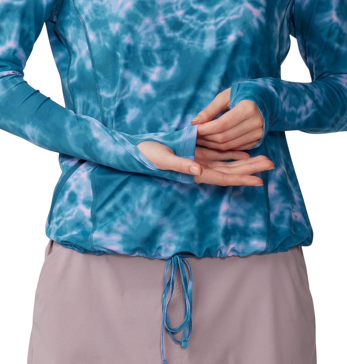 imageMountain Hardwear Womens Crater Lake Long Sleeve Hoody for Hiking Camping Backpacking and Casual WearBaltic Blue Spore Dye Print