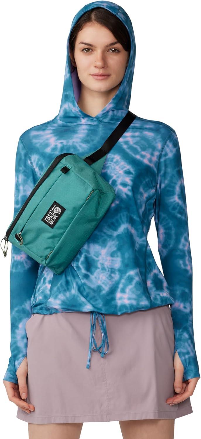 imageMountain Hardwear Womens Crater Lake Long Sleeve Hoody for Hiking Camping Backpacking and Casual WearBaltic Blue Spore Dye Print