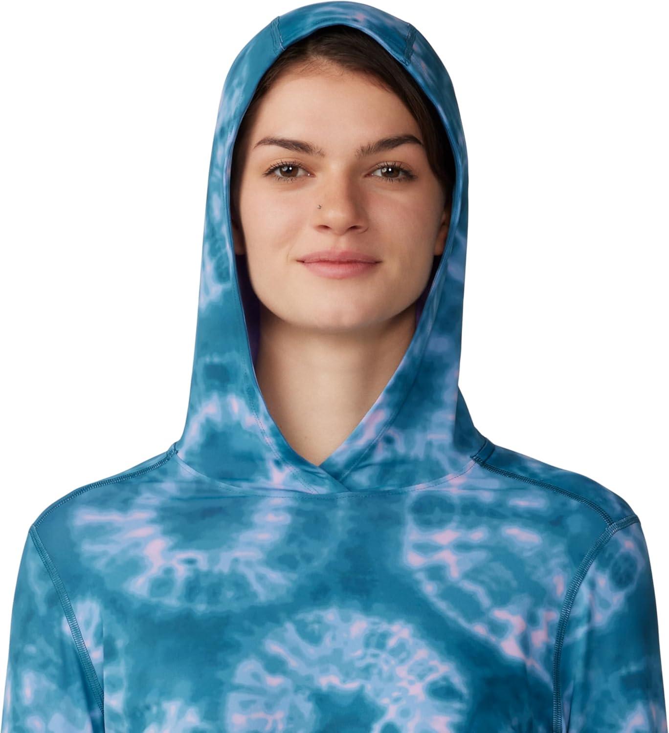 imageMountain Hardwear Womens Crater Lake Long Sleeve Hoody for Hiking Camping Backpacking and Casual WearBaltic Blue Spore Dye Print