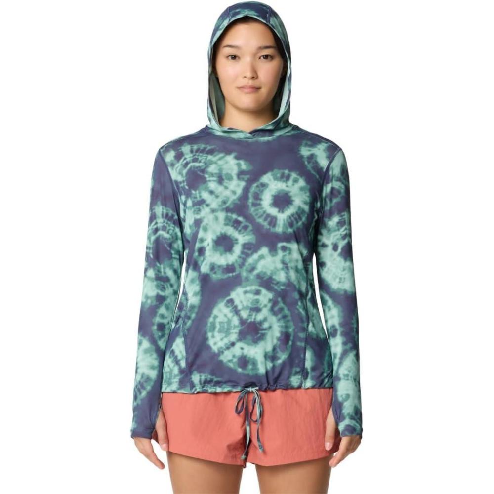 imageMountain Hardwear Womens Crater Lake Long Sleeve Hoody for Hiking Camping Backpacking and Casual WearLapis Dusk Spore Dye Print