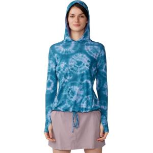 Mountain Hardwear Women’s Crater Lake Long Sleeve Hoody for Hiking, Camping, Backpacking, and Casual Wear(Baltic Blue Spore Dye Print)