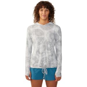 Mountain Hardwear Women’s Crater Lake Long Sleeve Hoody for Hiking, Camping, Backpacking, and Casual Wear(Grey Ice Spore Dye Print)