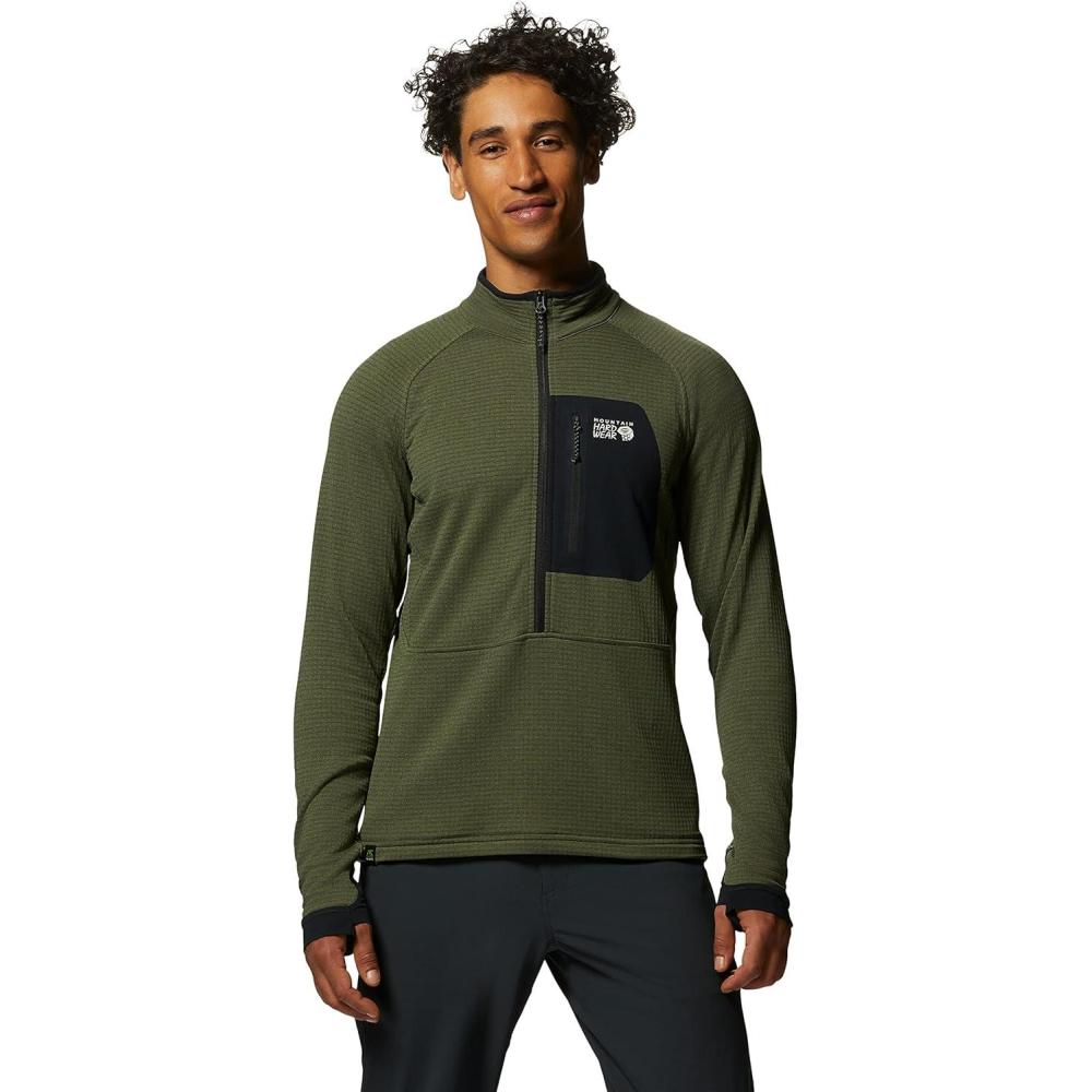 imageMountain Hardwear Mens Polartec Power Grid Half Zip Jacket Stylish and Warm Jacket for All Outdoor AdventuresSurplus Green Heather