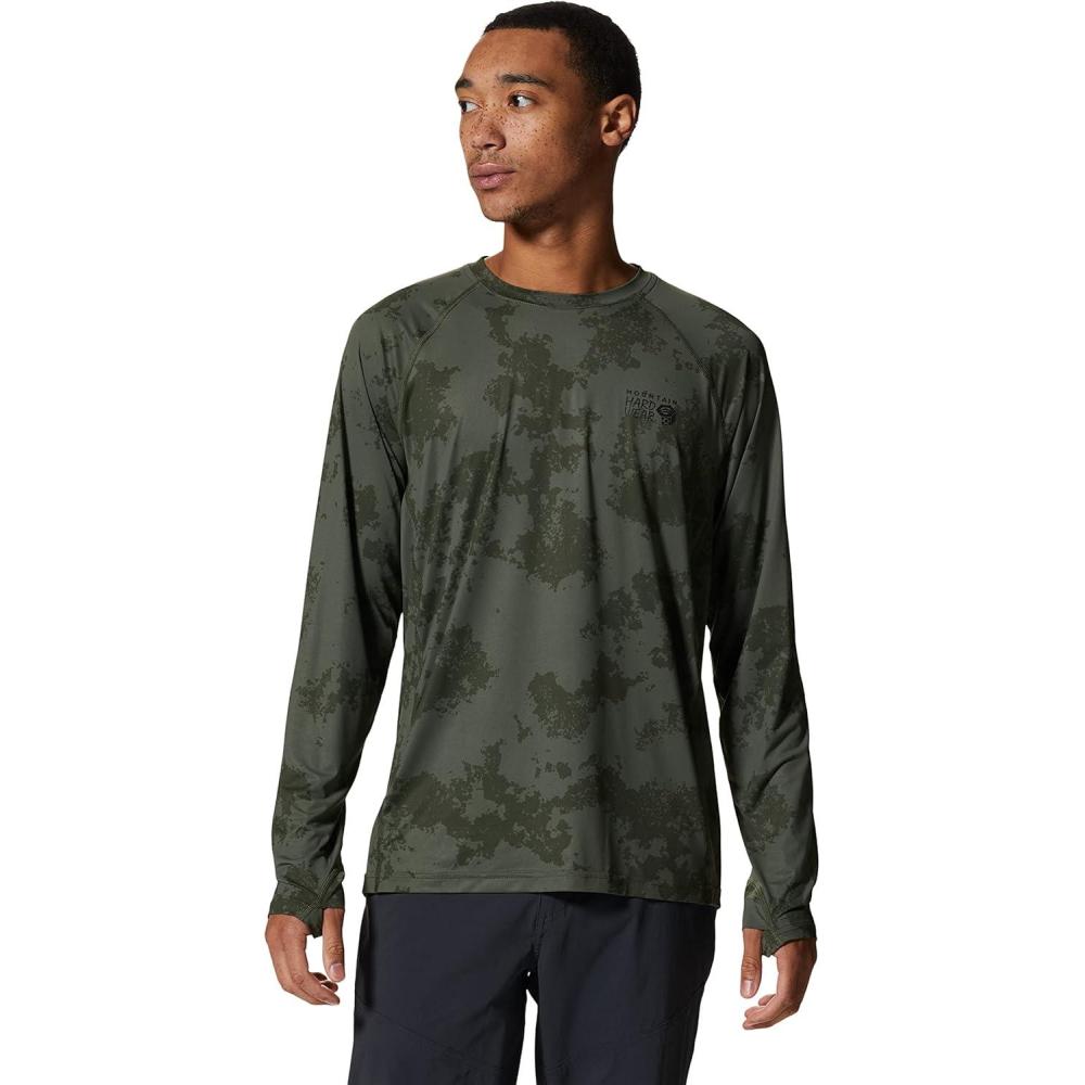 imageMountain Hardwear Mens Crater Lake Long Sleeve Crew Shirt for Hiking Camping Outdoor Adventures and Casual WearSurplus Green Scatter Dye Print