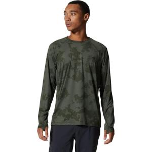 Mountain Hardwear Men’s Crater Lake Long Sleeve Crew Shirt for Hiking, Camping, Outdoor Adventures, and Casual Wear(Surplus Green Scatter Dye Print)